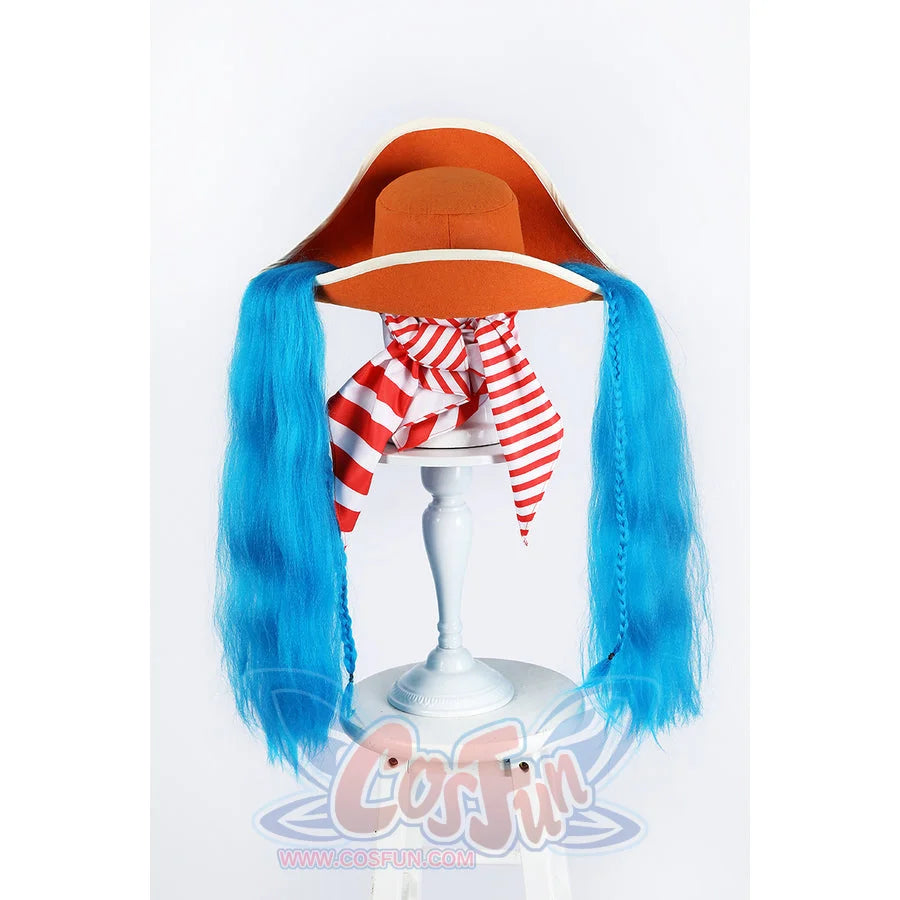 Buggy the Star Clown cosplay hat back view highlights the orange brim and red-striped head scarf ties