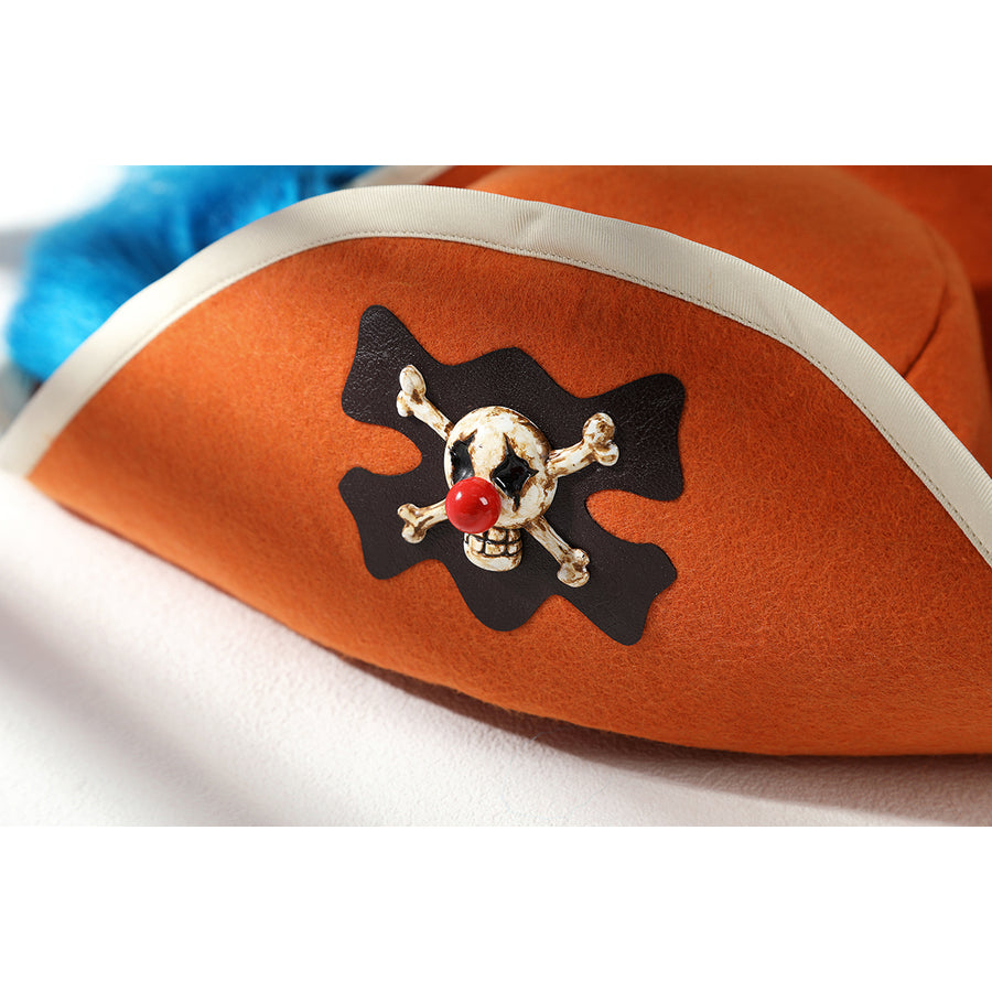 Buggy the Star Clown cosplay hat close-up focuses on the skull emblem set against orange fabric