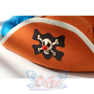 Buggy the Star Clown cosplay hat close-up focuses on the skull emblem set against orange fabric