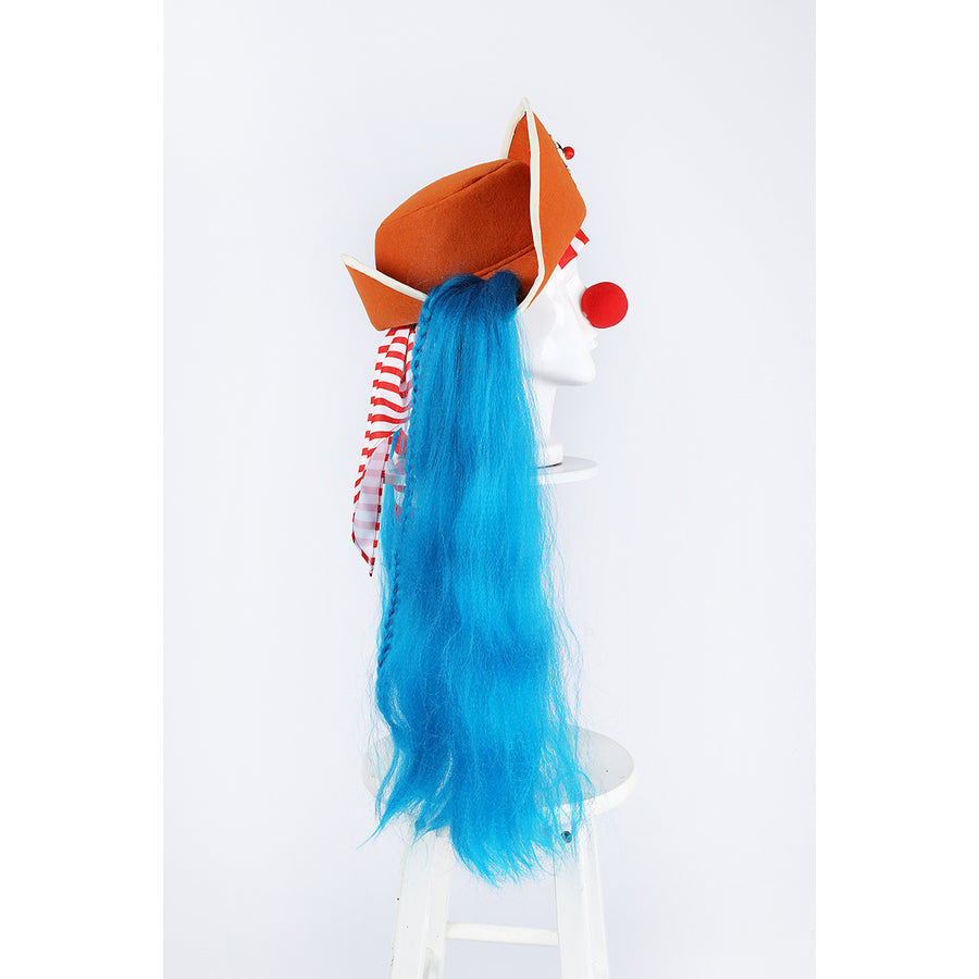 Buggy the Star Clown cosplay hat side view shows the red nose profile under the orange pirate brim