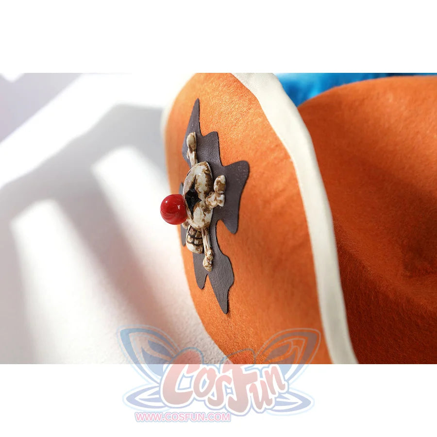 Buggy the Star Clown cosplay hat detail shows the raised skull emblem and white edge trim