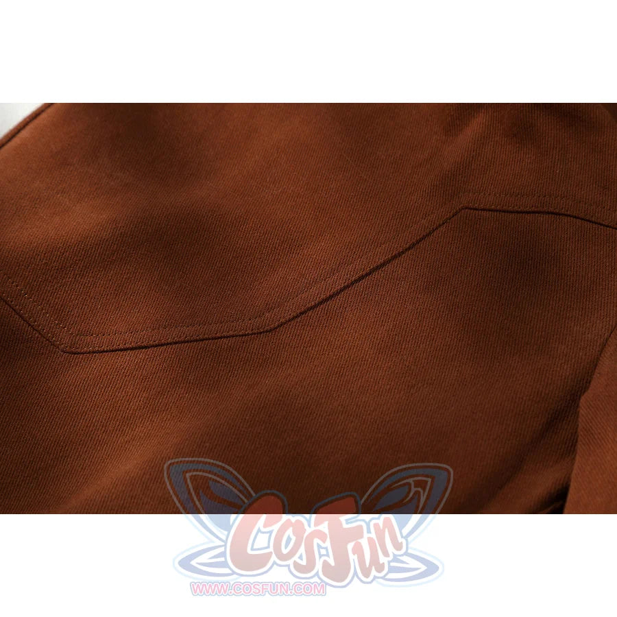 Buggy the Star Clown cosplay pants detail highlights a curved pocket seam in brown fabric