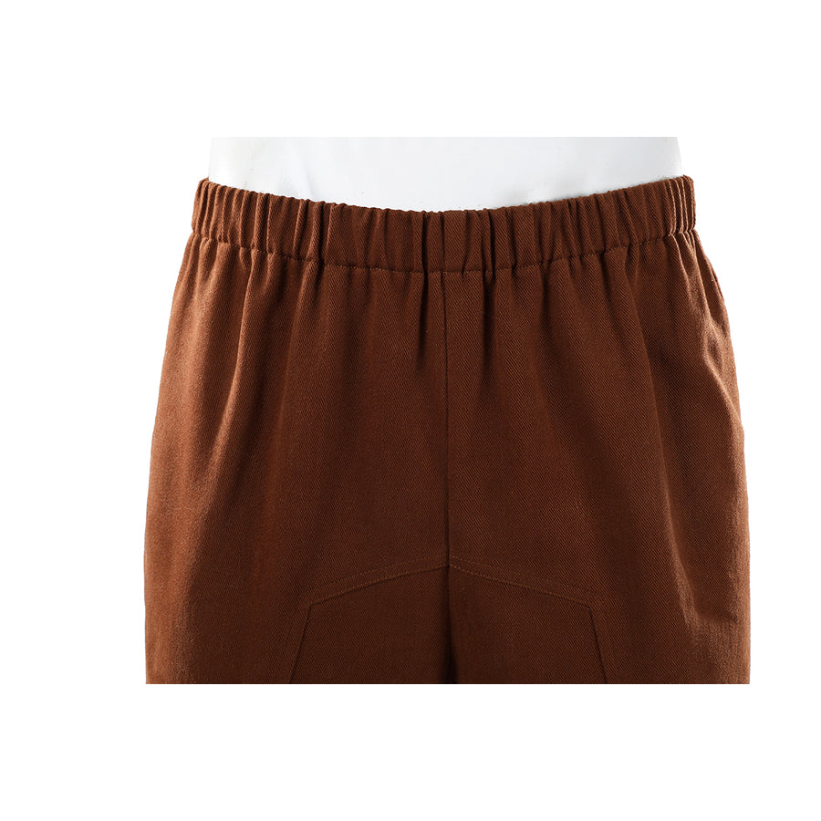 Buggy the Star Clown cosplay pants waistband detail shows gathered brown fabric at the top edge