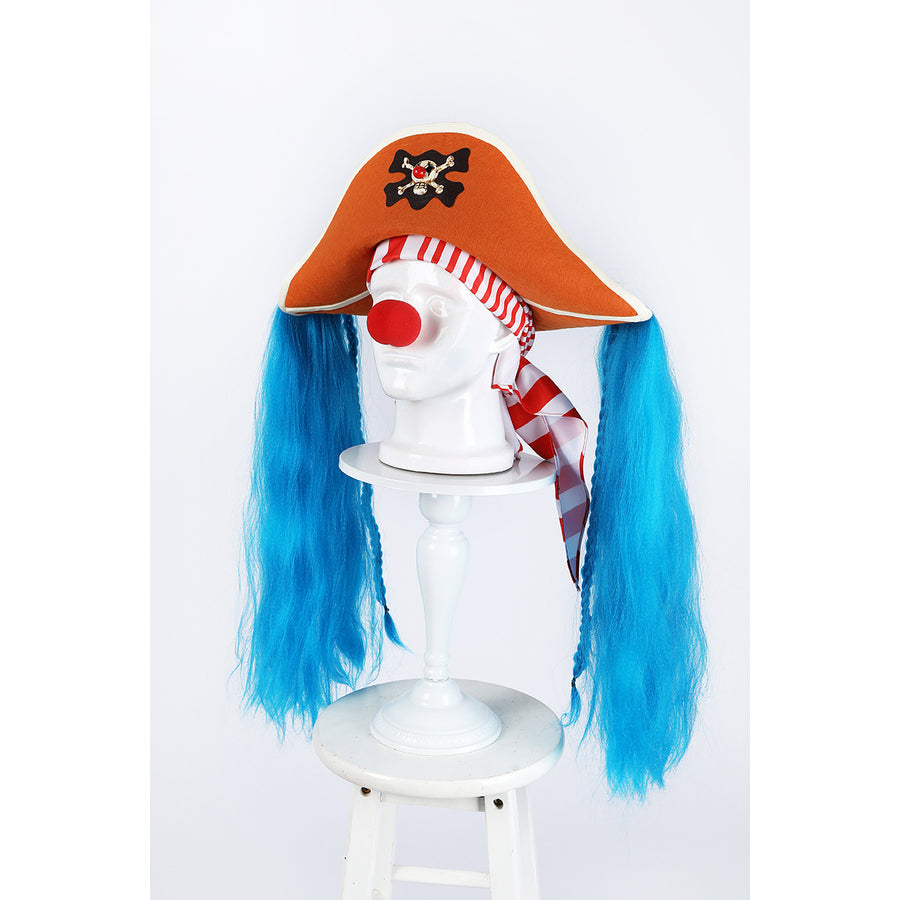 Buggy the Star Clown cosplay pirate hat angled view frames the red nose beside the striped head scarf