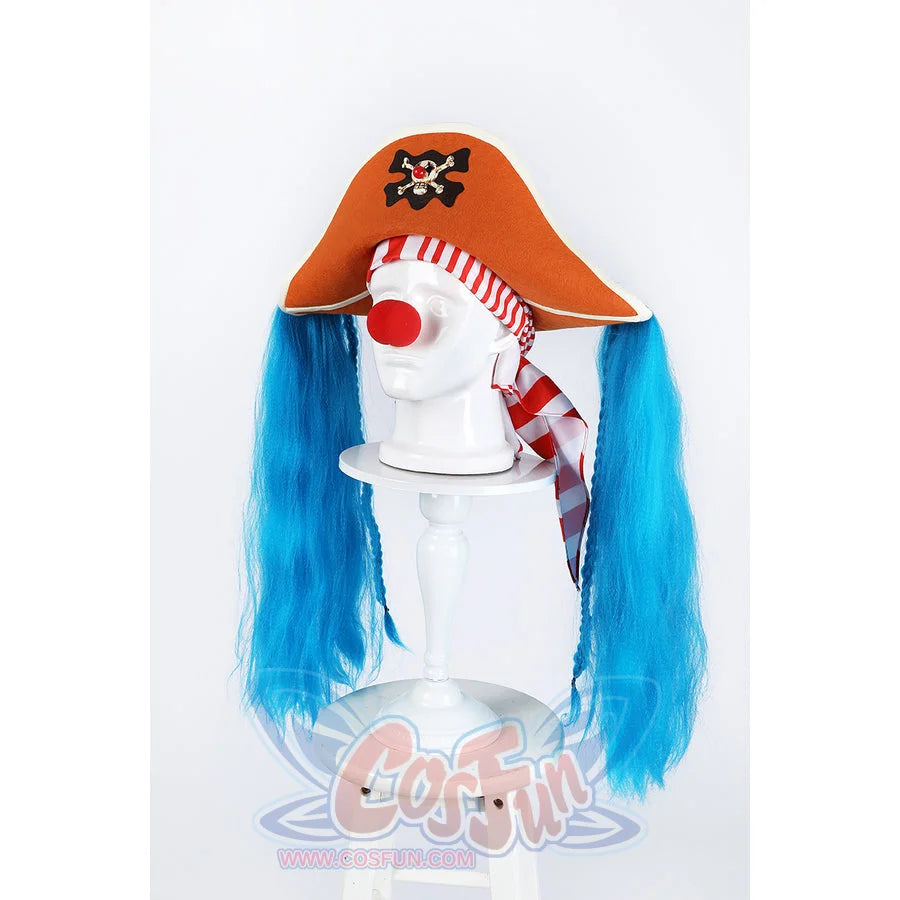 Buggy the Star Clown cosplay pirate hat angled view frames the red nose beside the striped head scarf