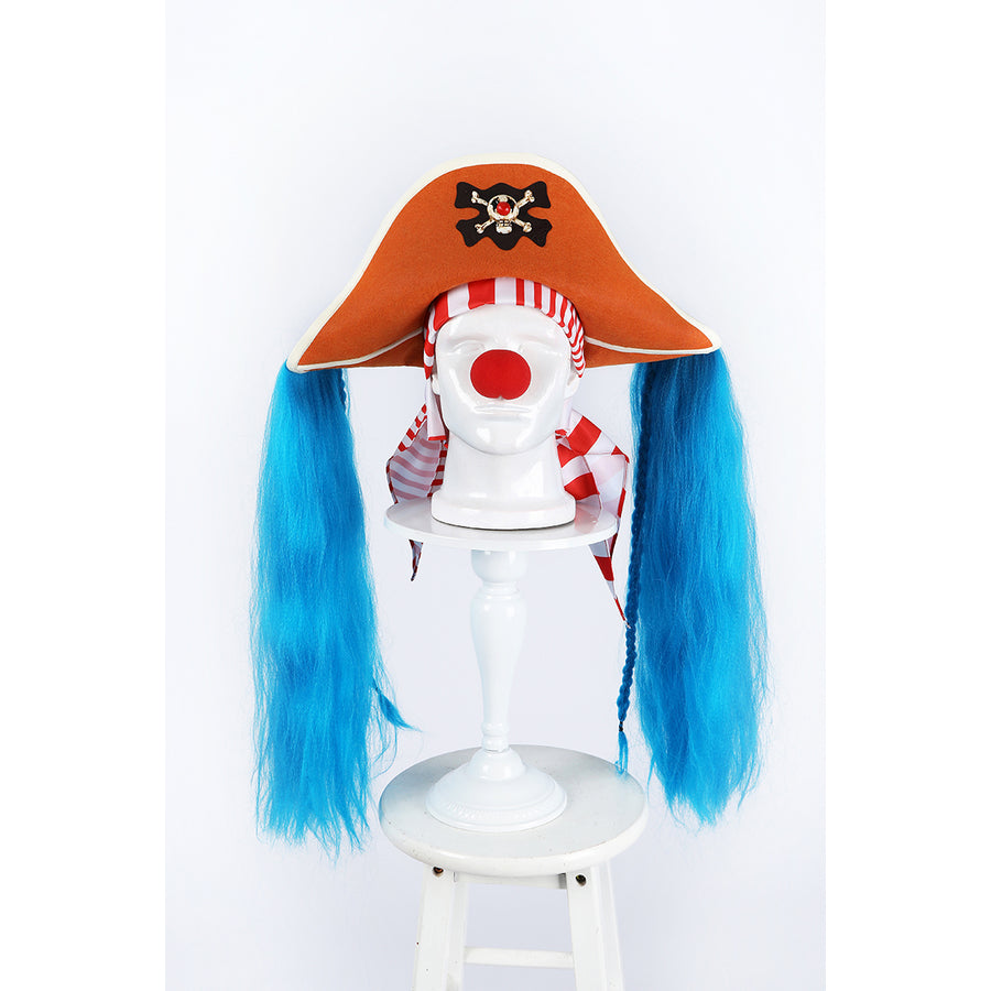 Buggy the Star Clown cosplay pirate hat front view centers an orange brim above the red nose and striped scarf