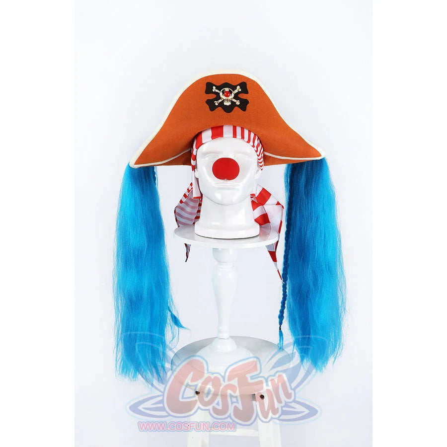 Buggy the Star Clown cosplay pirate hat front view centers an orange brim above the red nose and striped scarf