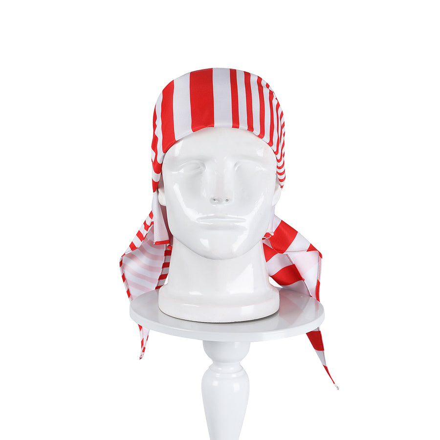 Buggy the Star Clown cosplay head scarf displays red and white stripes with long side ties