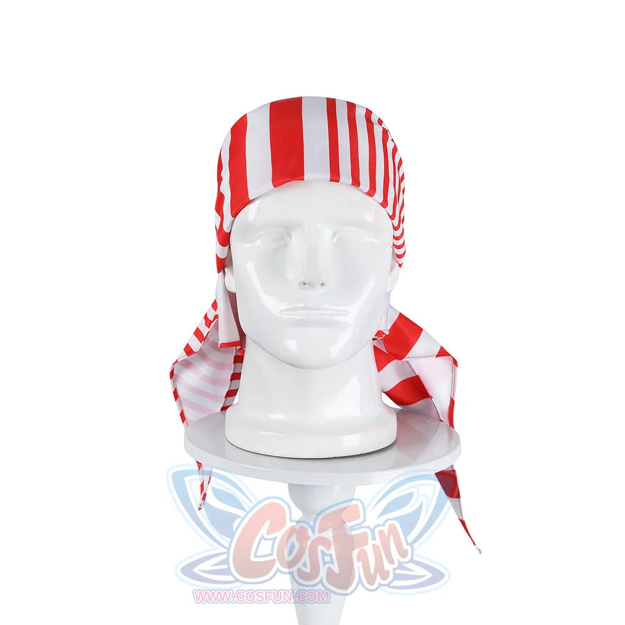 Buggy the Star Clown cosplay head scarf displays red and white stripes with long side ties