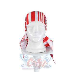 Buggy the Star Clown cosplay head scarf displays red and white stripes with long side ties