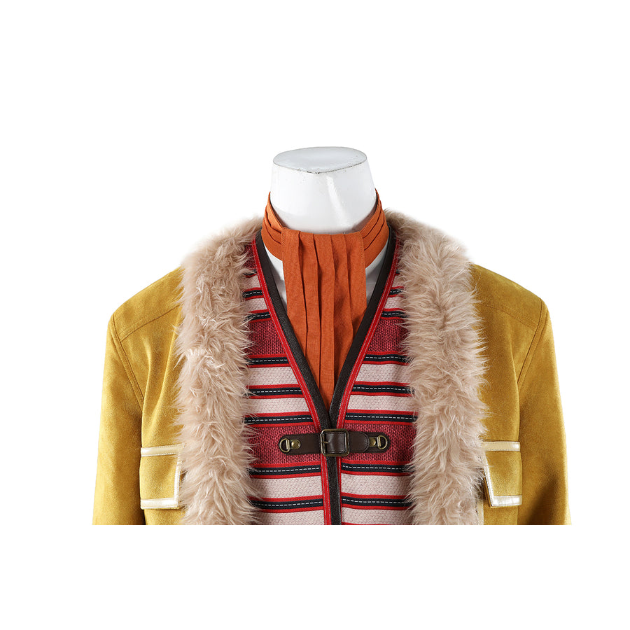 Buggy the Star Clown cosplay costume upper detail frames the striped vest beneath the fur-trimmed coat