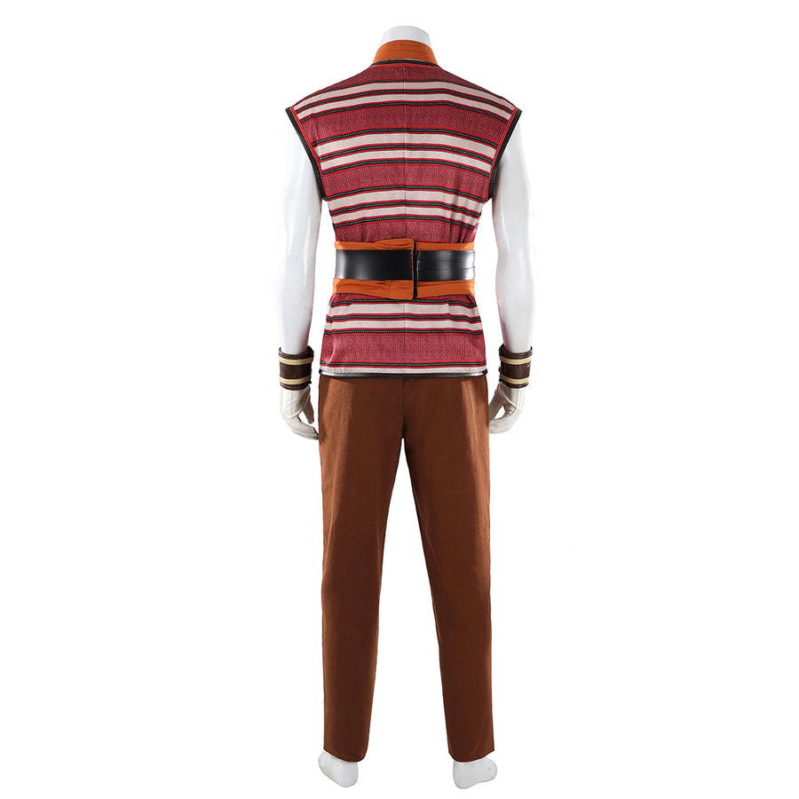 Buggy the Star Clown cosplay vest back view shows striped fabric set over brown pants and wrist guards