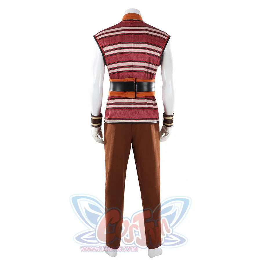 Buggy the Star Clown cosplay vest back view shows striped fabric set over brown pants and wrist guards