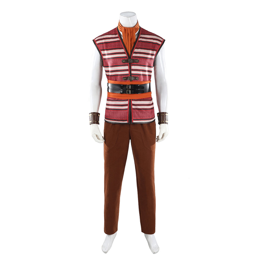 Buggy the Star Clown cosplay vest front view layers striped panels above brown pants and wrist guards