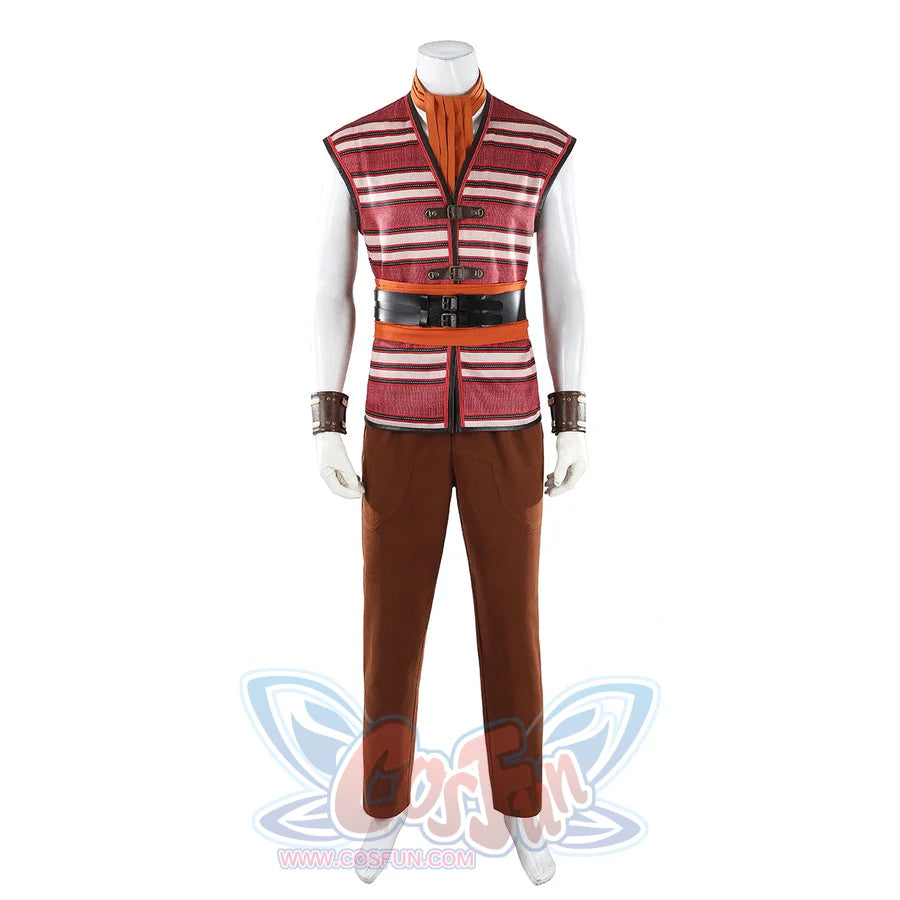 Buggy the Star Clown cosplay vest front view layers striped panels above brown pants and wrist guards