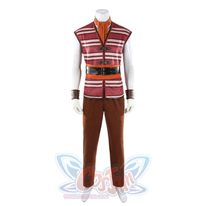 Buggy the Star Clown cosplay vest front view layers striped panels above brown pants and wrist guards
