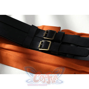 Buggy the Star Clown cosplay waist seal close-up focuses on black straps and brass-tone buckles