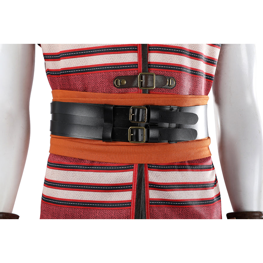 Buggy the Star Clown cosplay waist seal front detail layers black double-buckle straps over orange fabric