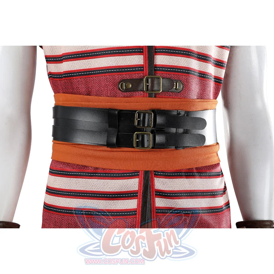 Buggy the Star Clown cosplay waist seal front detail layers black double-buckle straps over orange fabric