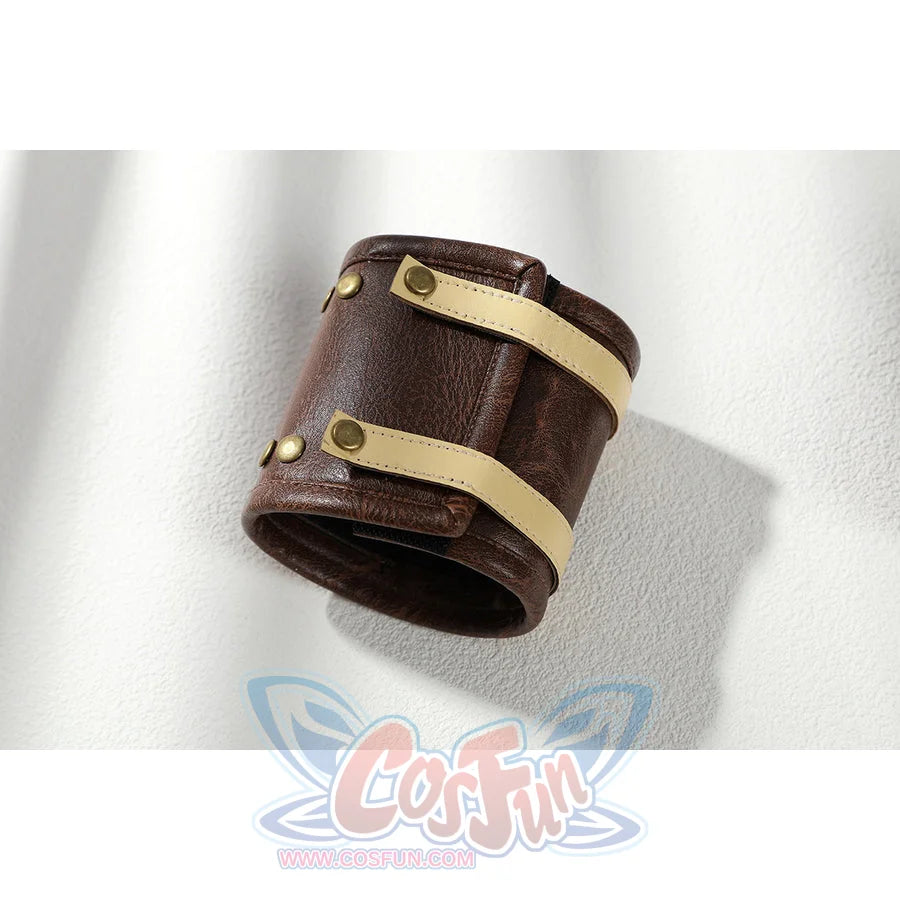 Buggy the Star Clown cosplay wrist guard close-up shows brown faux leather texture and cream bands