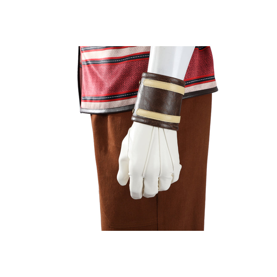 Buggy the Star Clown cosplay wrist guard detail sits at the sleeve edge above the white glove