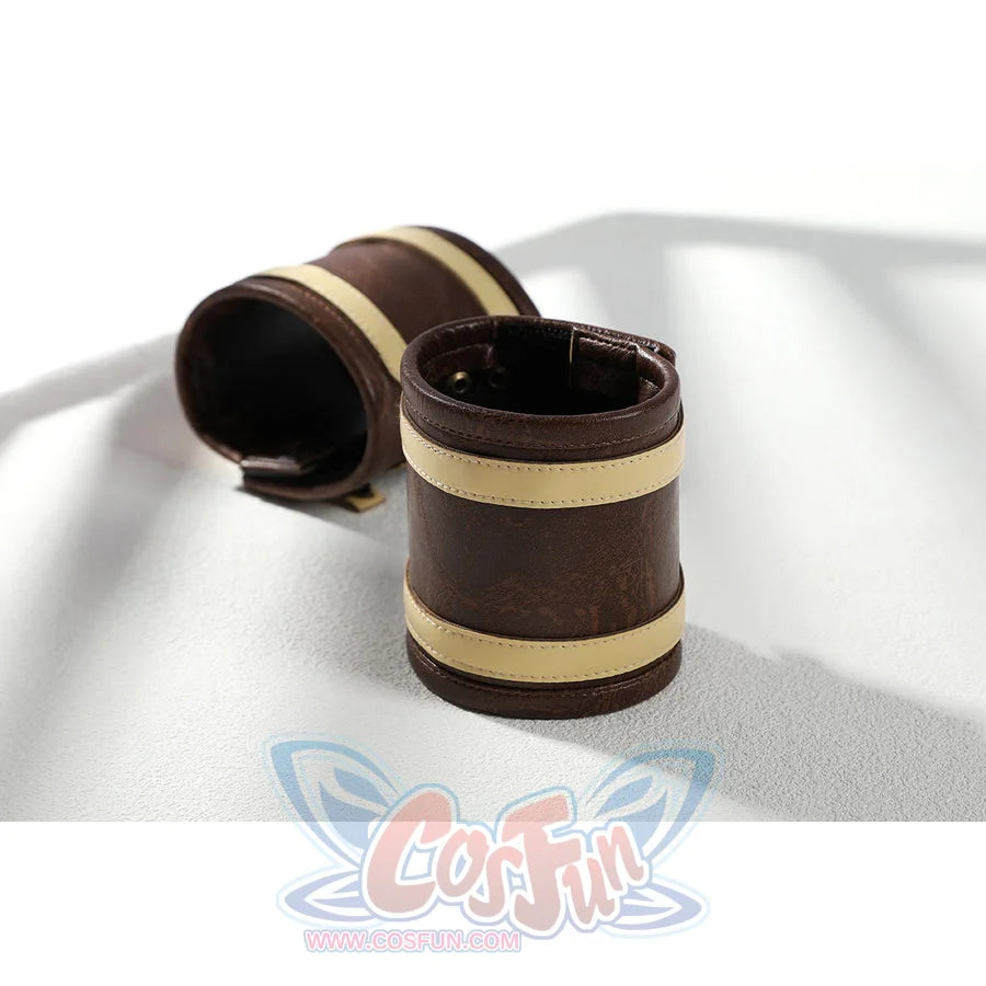 Buggy the Star Clown cosplay wrist guards pair shows dark brown cuffs accented by cream bands