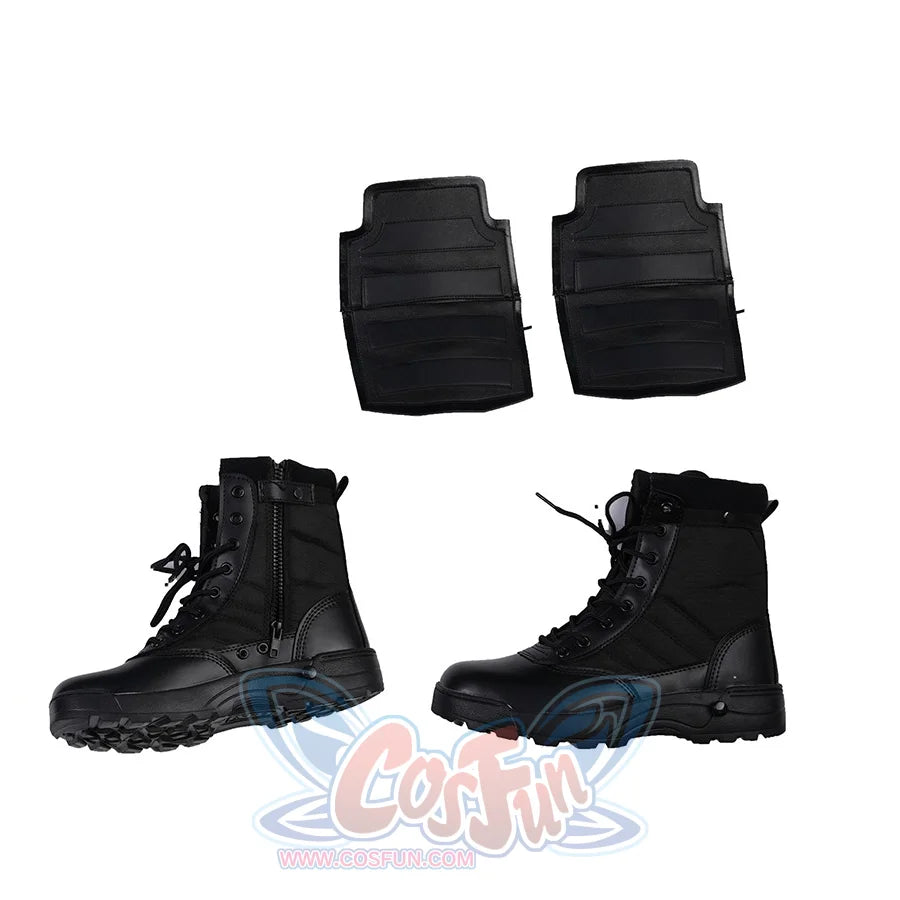 Bullseye Lester cosplay boots flat lay separates black lace-up footwear and matching shin guards