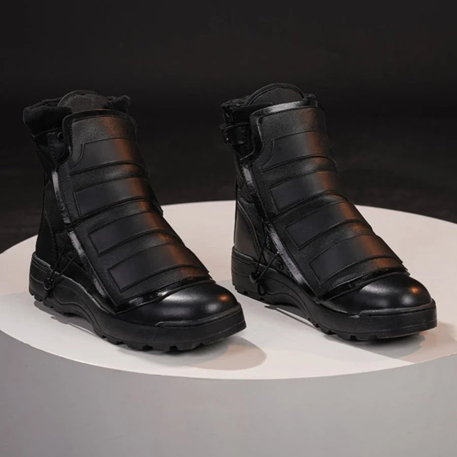 Bullseye Lester cosplay boots angled view layers black ankle straps above blue front panels