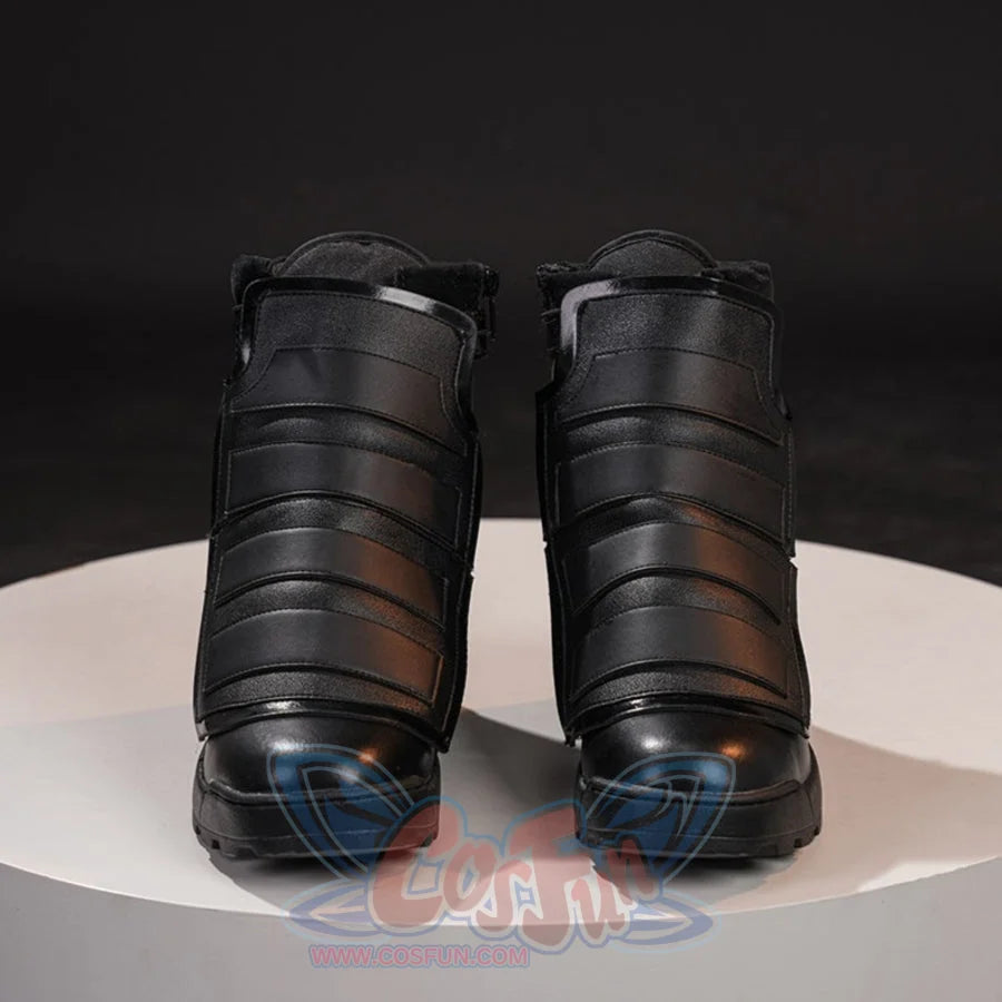 COSFUN Bullseye Lester cosplay boots front view stacks black shin guards over rugged lace-up footwear