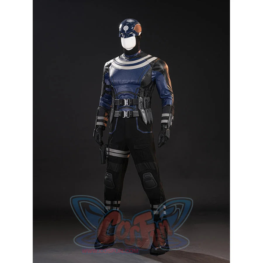 Bullseye Lester cosplay costume angled front view sets blue torso armor beside black straps and guards