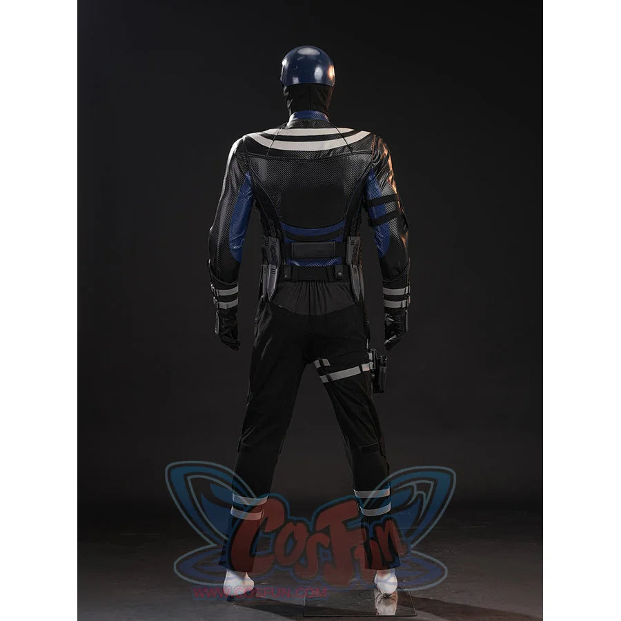 Bullseye Lester cosplay costume rear view centers black back panels above blue legs and white stripe accents
