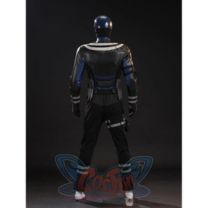 Bullseye Lester cosplay costume rear view centers black back panels above blue legs and white stripe accents