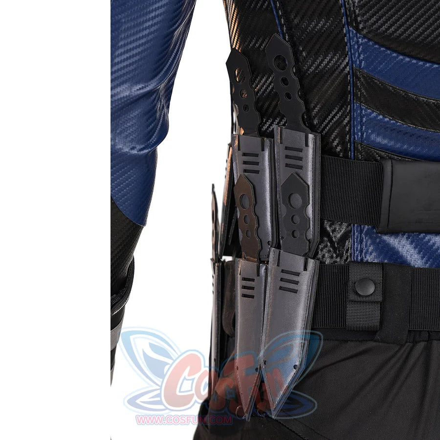 Bullseye Lester cosplay costume back waist detail layers a black rear flap beneath blue belt panels