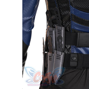 Bullseye Lester cosplay costume back waist detail layers a black rear flap beneath blue belt panels