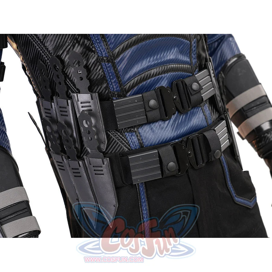 Bullseye Lester cosplay costume belt detail centers silver-tone buckles over blue patterned pants