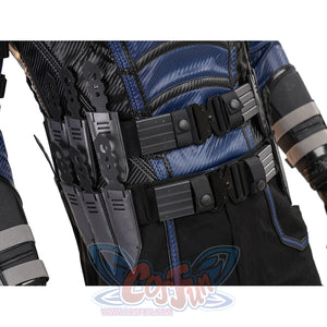 Bullseye Lester cosplay costume belt detail centers silver-tone buckles over blue patterned pants