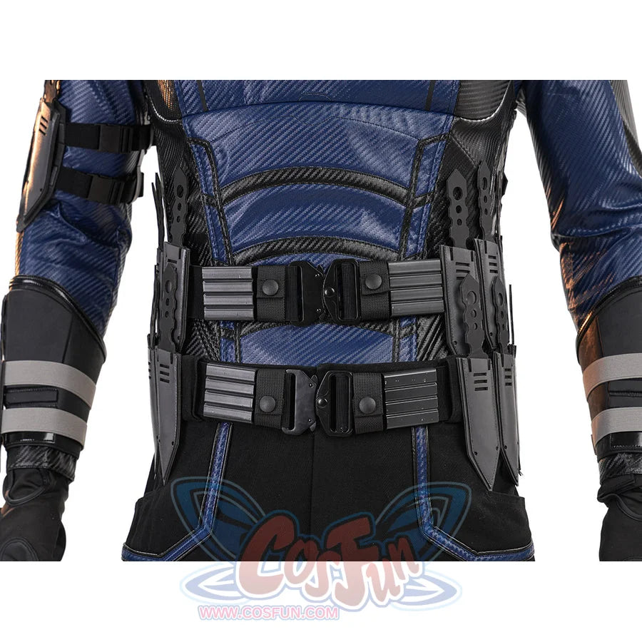 Bullseye Lester cosplay costume waist harness detail anchors black belts across blue side armor