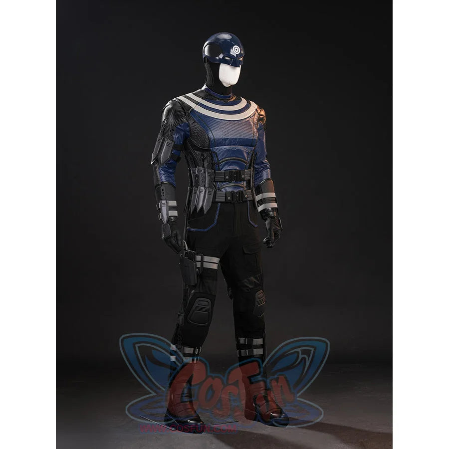 Bullseye Lester cosplay costume three-quarter view balances blue chest armor and black strapped panels