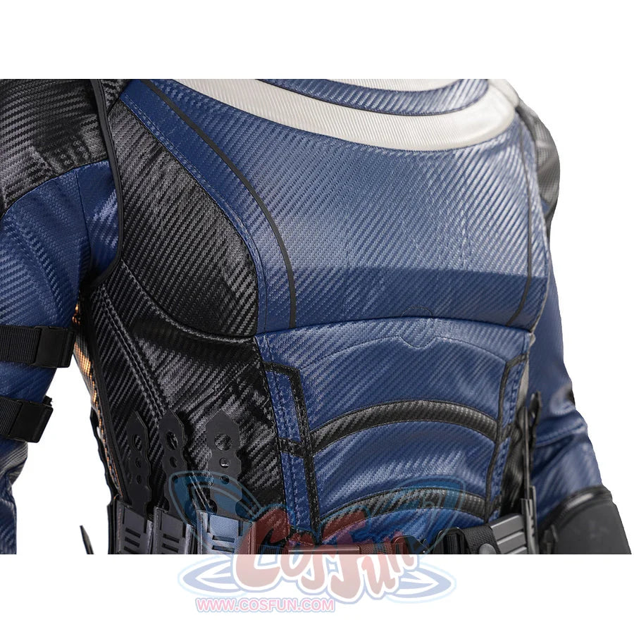 Bullseye Lester cosplay costume chest close-up highlights molded blue panels and dark textured trim