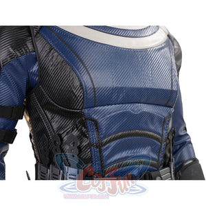 Bullseye Lester cosplay costume chest close-up highlights molded blue panels and dark textured trim