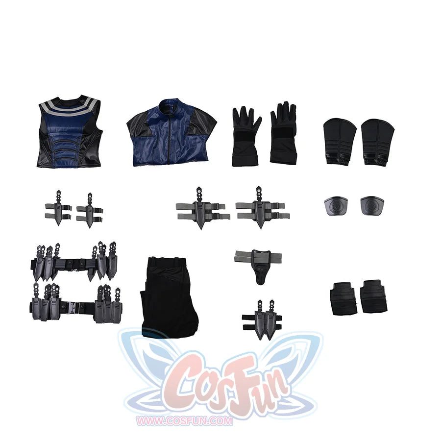Bullseye Lester cosplay costume flat lay arranges blue top, pants, gloves, guards, belts and holster straps