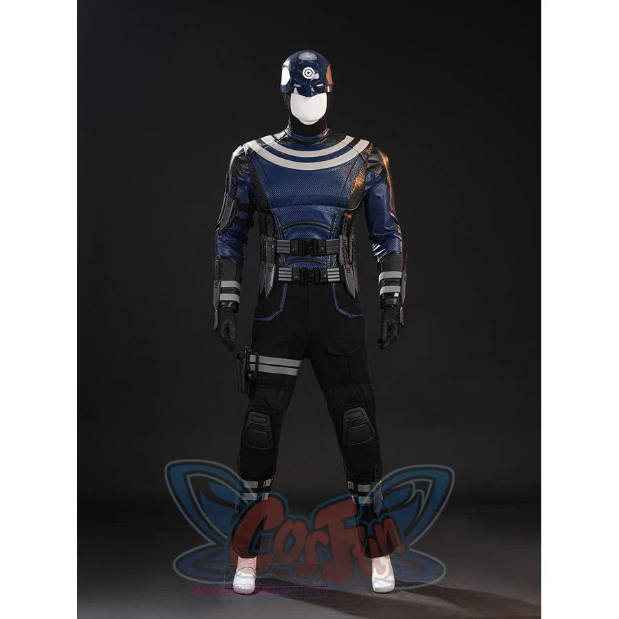 Bullseye Lester cosplay costume front view contrasts blue torso plates against black sleeves and white bands