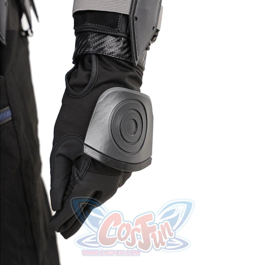 Bullseye Lester cosplay glove detail frames black knuckle padding beneath a gray wrist plate