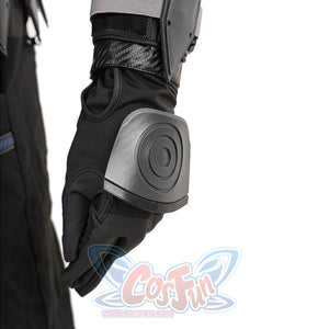 Bullseye Lester cosplay glove detail frames black knuckle padding beneath a gray wrist plate