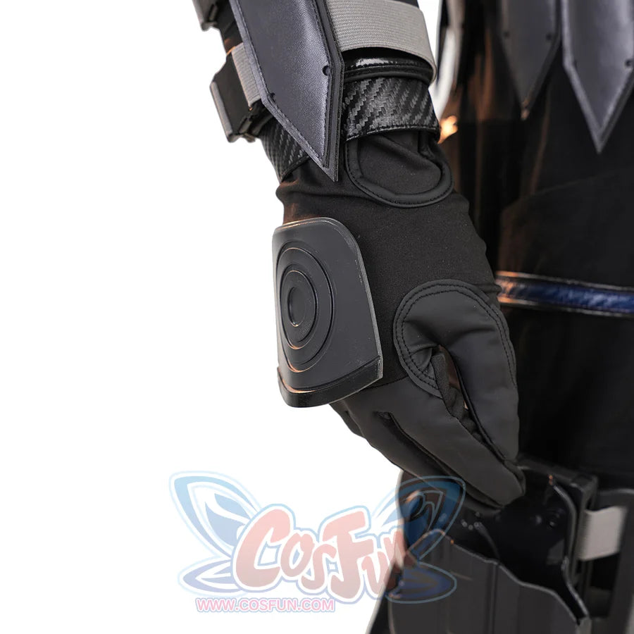 Bullseye Lester cosplay glove and wrist guard detail locks black padding below a gray round plate