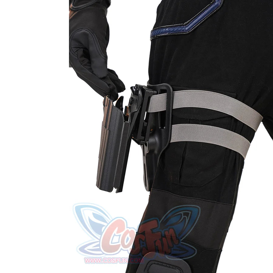 Bullseye Lester cosplay costume leg strap detail wraps a gray holster across black thigh panels