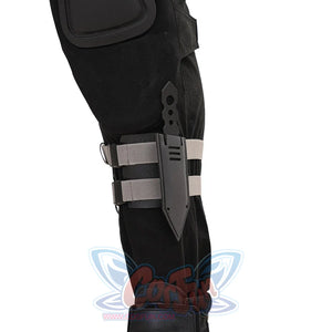 Bullseye Lester cosplay costume knee pad detail sets a gray round guard over black leg panels