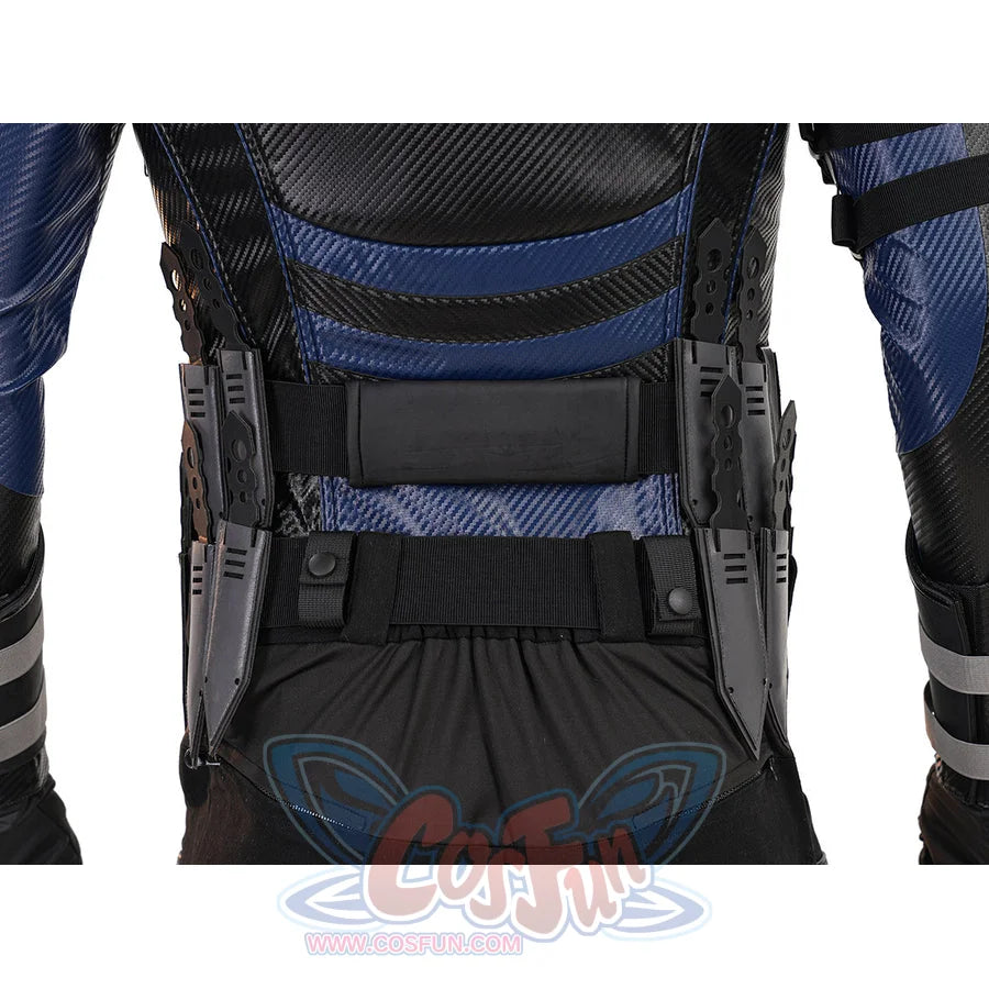 Bullseye Lester cosplay costume leg sheath detail anchors a gray holster to black thigh straps