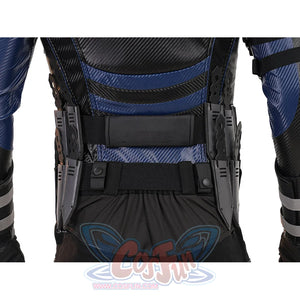 Bullseye Lester cosplay costume leg sheath detail anchors a gray holster to black thigh straps