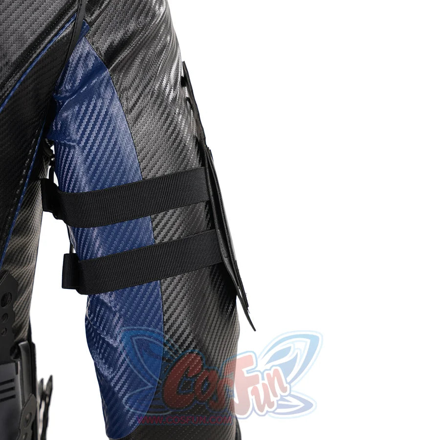 Bullseye Lester cosplay costume side harness close-up stacks gray sheaths along blue and black waist panels